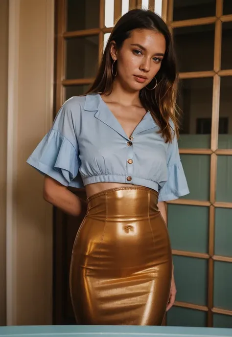 a woman in a gold skirt and blue shirt posing for a picture