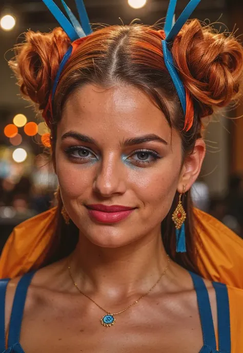 a close up of a woman with a blue and orange hair