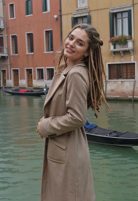 arafed woman in a tan coat standing in front of a canal