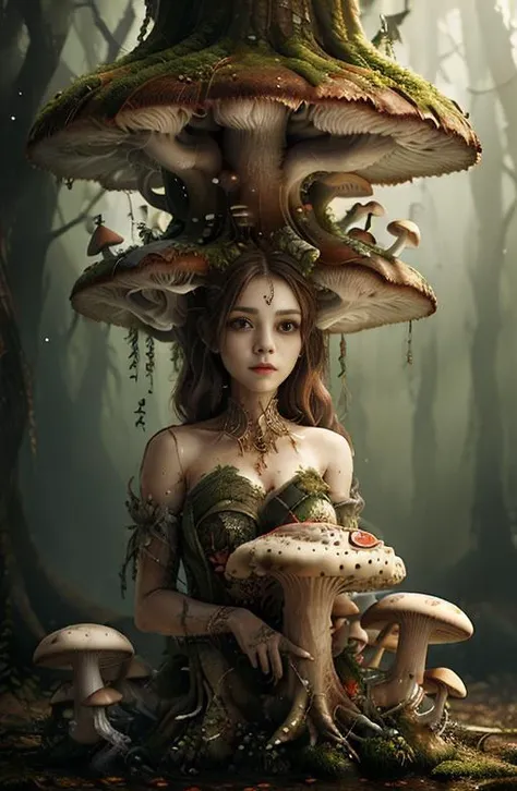 mushroom woman, tall, long legs, <lora:Mycelium:1>, realistic, photorealistic, realistic face, masterpiece, highly detailed,volumetric lighting, beautiful face, magical forest, horror, symmetric face, detailed eyes