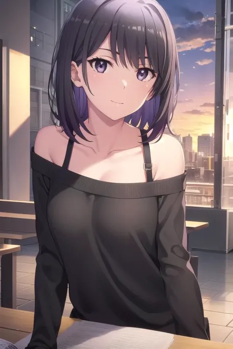 harunoyukinoshita, <lora:haruno yukinoshita s2s3-lora-nochekaiser:1>,
haruno yukinoshita, short hair, hair between eyes, (black eyes:1.5), black hair, gradient hair, two-tone hair, purple hair, smile,
BREAK sweater, off shoulder, bra strap, purple sweater,...