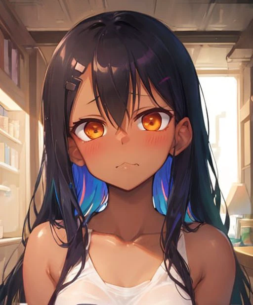 nagatoro-5000, 1girl, blush, closed mouth, frown, indoors, long hair, looking at viewer, portrait, shirt, solo,  <lora:pastelmixInspiredV5_v5:0.5>