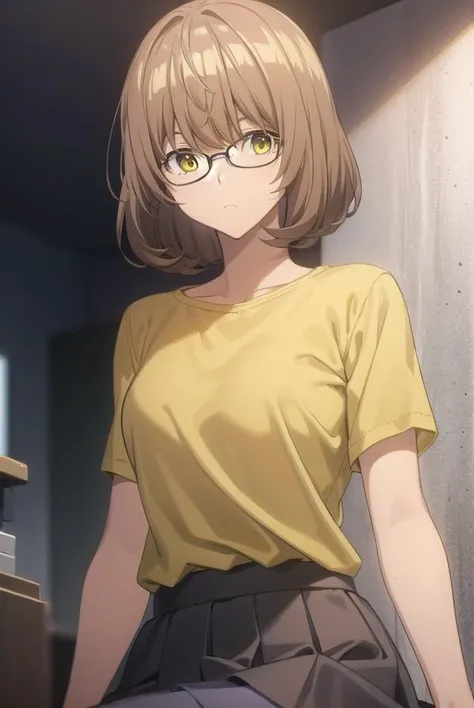 aokiyuriko, <lyco:aokiyuriko-lyco-nochekaiser:1>, 
aoki yuriko, short hair, brown hair, bangs, (yellow eyes:1.5), glasses,
BREAK skirt, shirt, short sleeves, pantyhose, black pantyhose, frills,
BREAK looking at viewer, 
BREAK indoors,
BREAK <lyco:GoodHands...