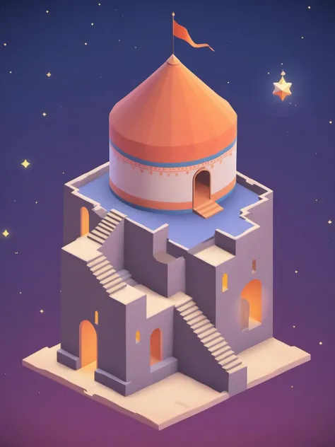 video game monument valley style, A yurt on the roof,  stairs, gradient background, Night, starry sky, <lora:Monument Valley style:0.8>,
masterpiece, best quality, 4k, 8k, highres, high resolution,