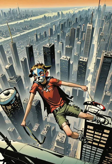 <lora:DogboyXL:.8> A 14-year-old Dogboy hanging from a helicopters landing skid high above the city skyline