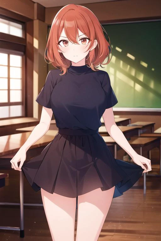 <lora:Kohinata_Iroha-000025:0.8> , Iroha, orange eyes, orange hair, closed mouth, looking at viewer, black skirt, dark blue shirt, short sleeves, barefoot, 
standing, upper body, breasts, bare legs, thighs, casual clothes,
BREAK
(high quality:1.1), (high r...