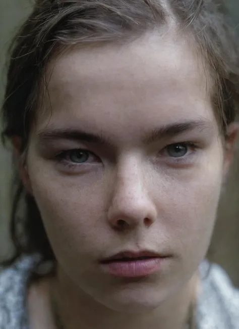 a close up of a woman with a necklace on her neck