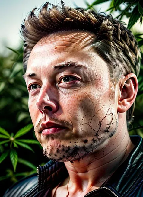 (masterpiece, best quality, awards winner) close up portrait Elon Musk photo against the background of hemp bushes, sepic character composition, by ilya kuvshinov, alessio albi, nina masic, sharp focus, natural lighting, subsurface scattering, f2, 35mm, fi...