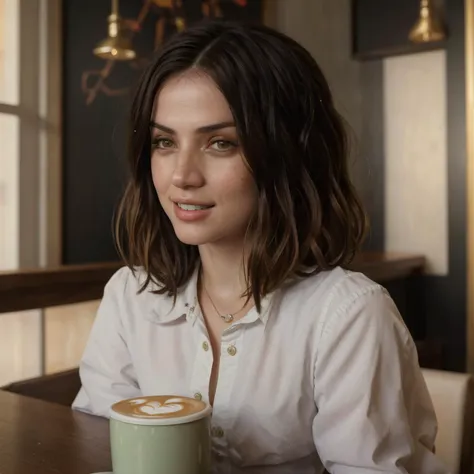 a woman sitting at a table with a cup of coffee