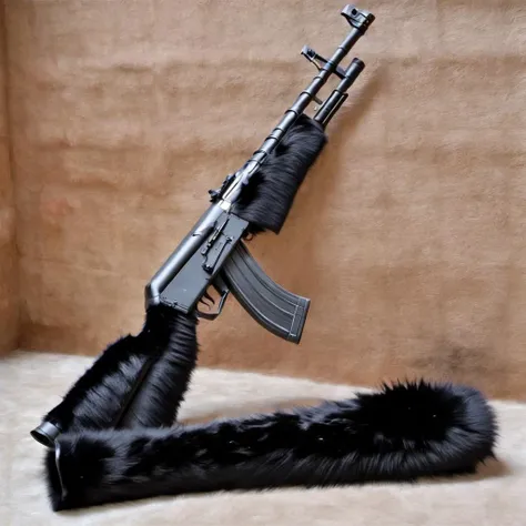 wanapi AK47 rifle covered with black fur <lora:wanapi:1>