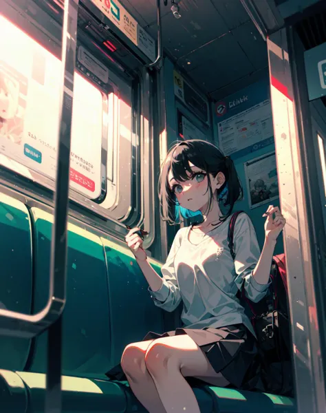 (masterpiece, best quality),1girl sitting on a subway train, looking to the side, subway car door, from below, solo focus  <lora...