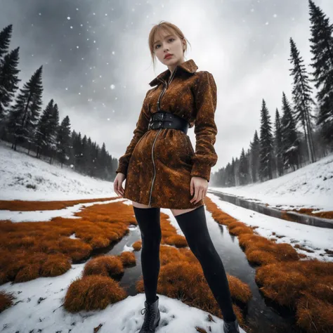 beautiful,dynamicpose, Rust vegetation, Intense slim girl, Thunderer, Russian Earbuds, Snowing, equirectangular 360, Mannerism Art, Fish-eye Lens, Colorless