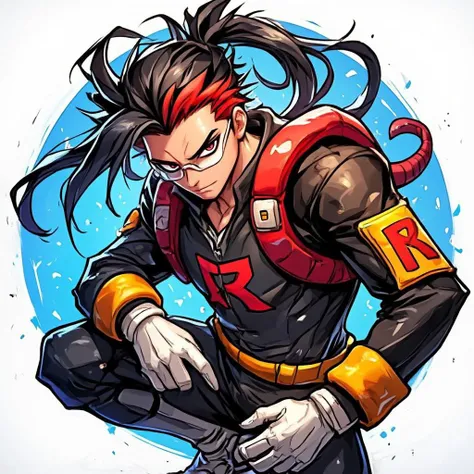 ponytail, 1boy, looking at viewer, male focus, tinted eyewear, accurate colors, black hair with red highlight, white glasses, red eye, white gloves, black/red/yellow clothing, boot, jacket with letter "R" on