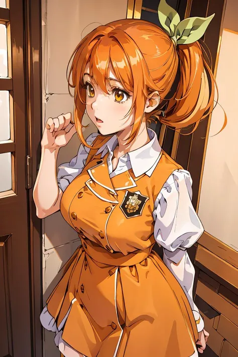 (masterpiece, best quality), 1girl,    <lora:hareru:0.8> hareru, side ponytail, hair ribbon, orange hair, white collared shirt, orange dress