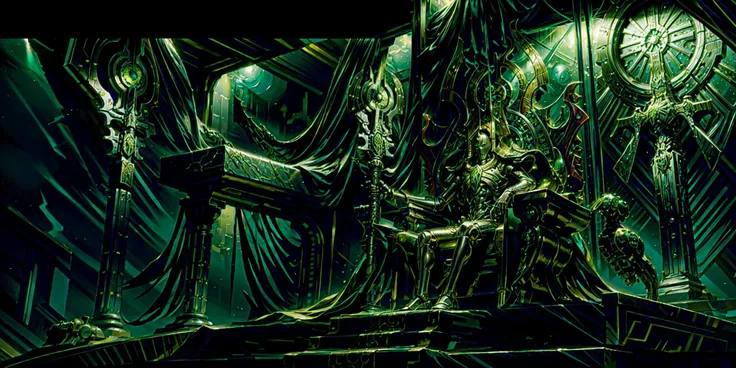 Generate a stunning art style, a true [masterpiece] [best quality] of art. The image showcases [detailed linework], [dynamic shading], and [dramatic lighting], bringing to life a [dreading atmosphere, grim dark coloures] . In the background a [ tomb throne...