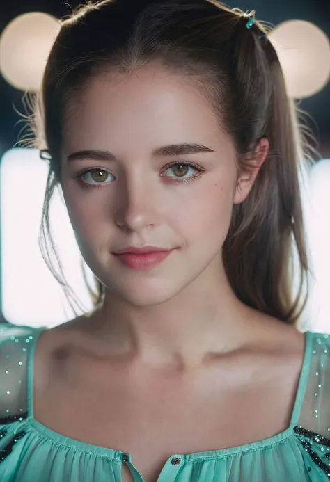 a close up of a young girl with a ponytail in a green dress