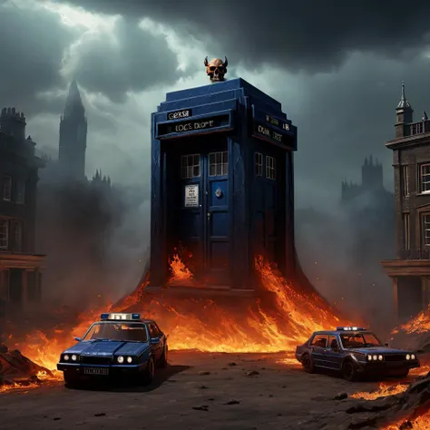 a couple of police cars driving past a burning police box