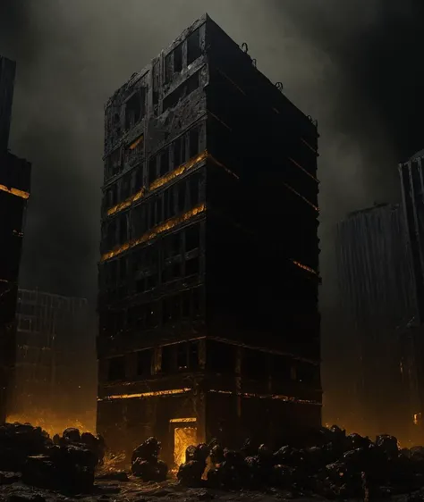 <lora:HellAI_XL:1> DonMH311XL, HellAI, monster,fire,  dark, darkness, stygical, eerie,         black & yellow, industrial, heavy duty, modular,           Office Buildings, Conglomerate stone, science fiction, building, architecture