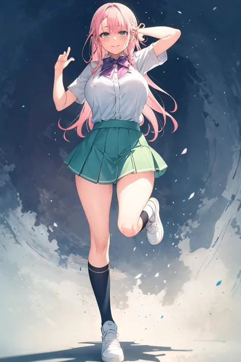 anime girl running in a skirt with a purple shirt and a purple tie