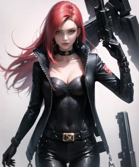 wlop, 1girl, black gloves, black jacket, character request, commentary, Skinny, thin, Mecha, uearrings, gun, gloves, hand up, jacket, jewelry, long hair, red hair, solo, <lora:wlop:0.5>