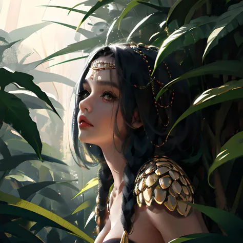 wlop,dalcefo,realistic,amazon girl warrior, fine detailed face, jungle,cinematic light,<lora:wlopStyleLora_30Epochs:0.6>,