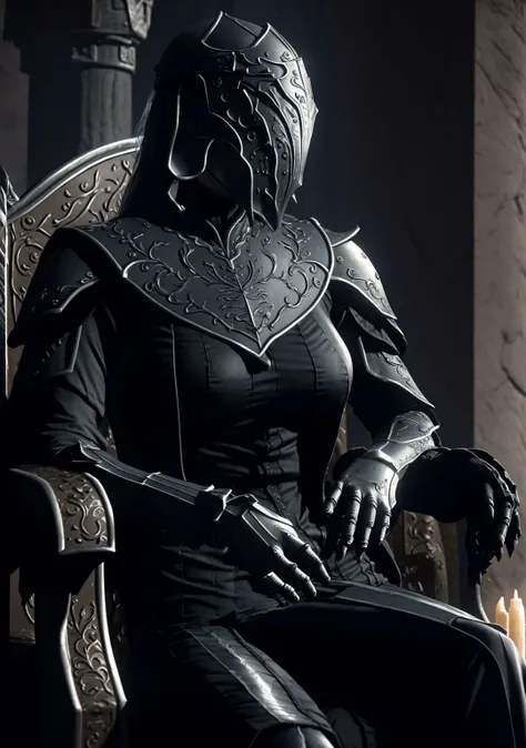 a close up of a person sitting in a chair with a sword