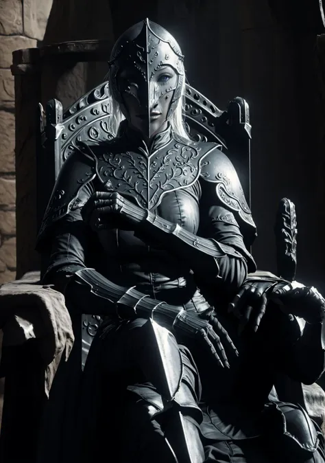 a close up of a person in armor sitting on a throne