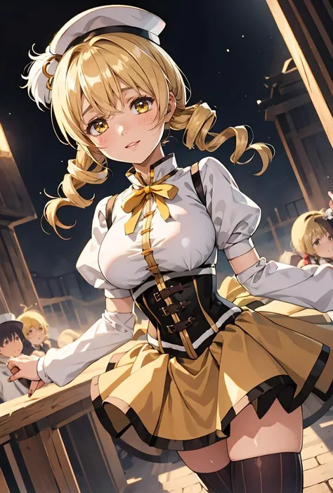 (masterpiece, best quality), 1girl,    <lora:Mami:0.8> MamiAi, yellow eyes, blonde hair, drill hair, twin drills, shiny, shiny hair, breasts, blush, smile, bangs, large breasts, neck ribbon, hair ornament, ribbon, parted lips, ;), light blush, yellow ribbo...