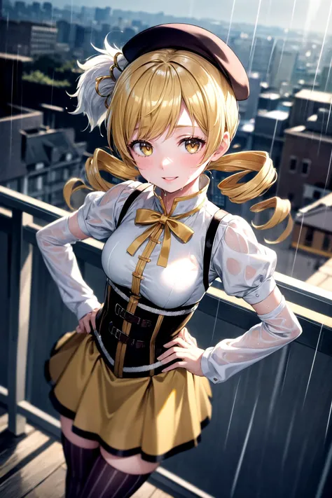 (masterpiece, best quality, detailed), 1girl, solo, looking at viewer, <lora:Mami:0.9> MamiAi, yellow eyes, blonde hair, drill hair, twin drills, bangs, hair ornament, hairpin, tomoe mami, magical girl, skirt, shirt, thighhighs, short sleeves, detached sle...