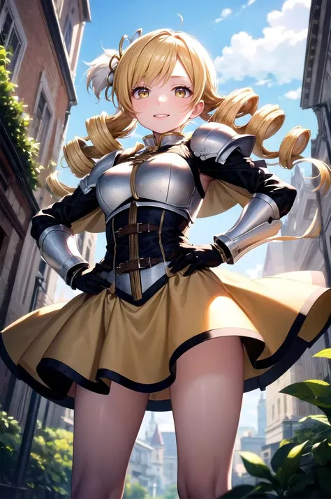 (masterpiece, best quality, detailed), 1girl, solo, looking at viewer,  <lora:Mami:0.9> MamiAi, yellow eyes, blonde hair, drill hair, twin drills, bangs, hair ornament, hairpin, tomoe mami, armor, breastplate, shoulder armor, plate armor, knight, (chainmai...