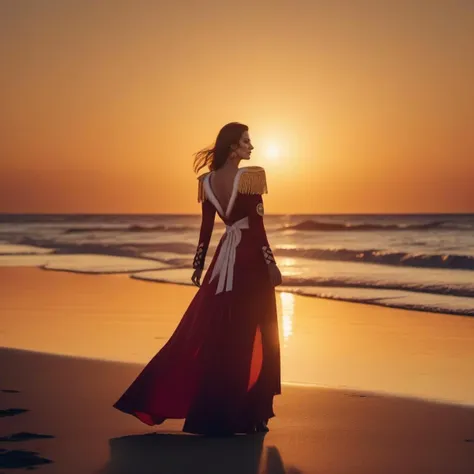 arafed woman in a long dress walking on the beach at sunset