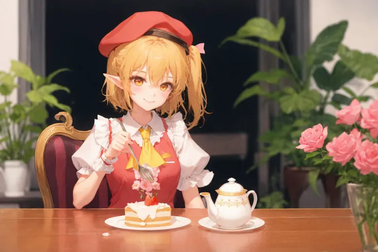 1girl, flandre scarlet, hat, red eyes, solo, blonde hair, crystal, food, white headwear, wings, short sleeves, puffy sleeves, teacup, puffy short sleeves, butterfly, mob cap, one side up, rose, bow, yellow ascot, red bow, flower, cup, hair between eyes, bu...