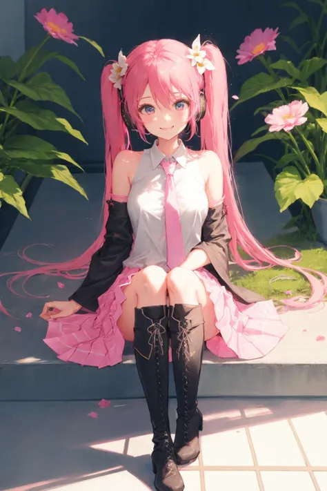 1girl, long hair, skirt, pink hair, solo, flower, detached sleeves, hatsune miku, sakura miku, shirt, hair ornament, thighhighs, very long hair, pink skirt, pink eyes, looking at viewer, boots, white shirt, twintails, thigh boots, sleeveless shirt, bare sh...