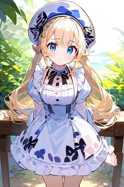 anime girl in a blue dress and hat posing on a bench