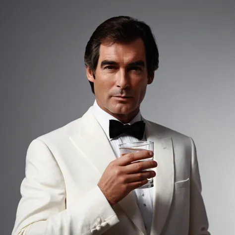 cinematic film still of  <lora:James Bond 007 style:0.9> detailed sharp image of
Timothy Dalton jamesbond6 a man in a tuxedo holding a glass of water,solo,simple background,black hair,1boy,white background,bow,male focus,bowtie,black eyes,formal,suit,alcoh...