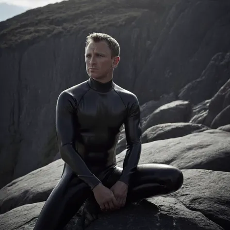 arafed man in a wet suit sitting on a rock