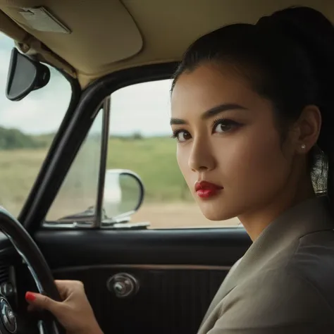 arafed woman in a car with a steering wheel and a red lip