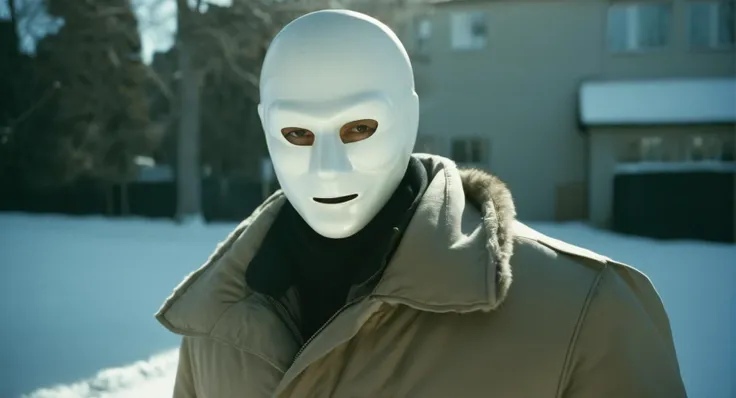 a close up of a person wearing a white mask in the snow