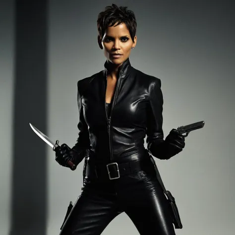 a woman in a black leather jacket holding two knives