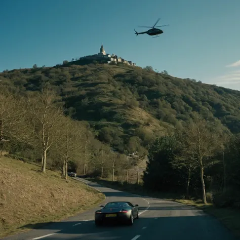 arafed helicopter flying over a car on a road with a hill in the background