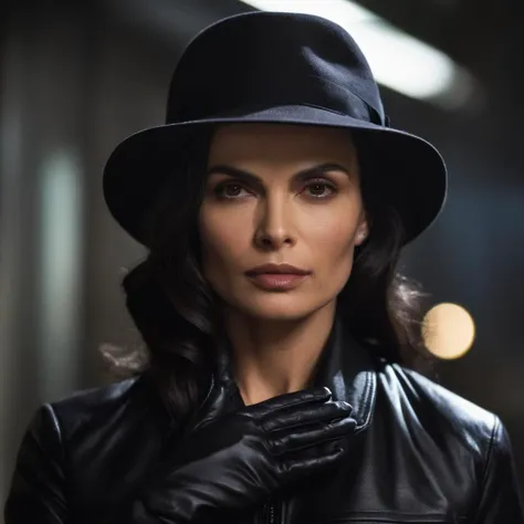 a woman in a black hat and leather jacket