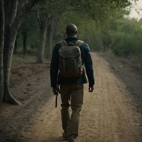 arafed man walking down a dirt road with a backpack on