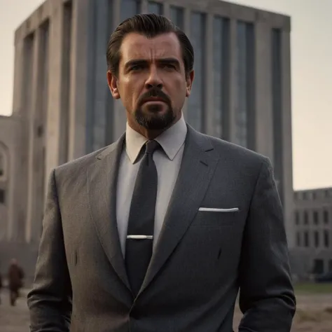 a close up of a man in a suit and tie standing in front of a building