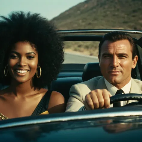 a man and woman in a car with a mountain in the background