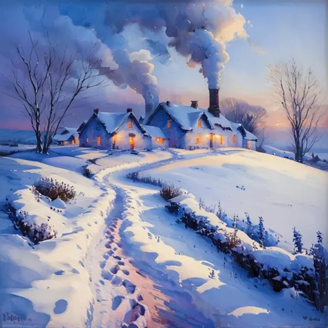 masterpiece, best quality, <lora:add-detail-xl:1>, arsmjstyle, impressionism,  a snow-covered village at dusk, with warm light s...