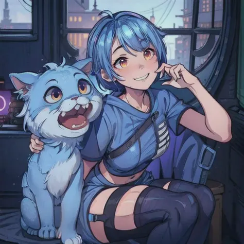 anime girl with blue hair and blue eyes sitting next to a cat