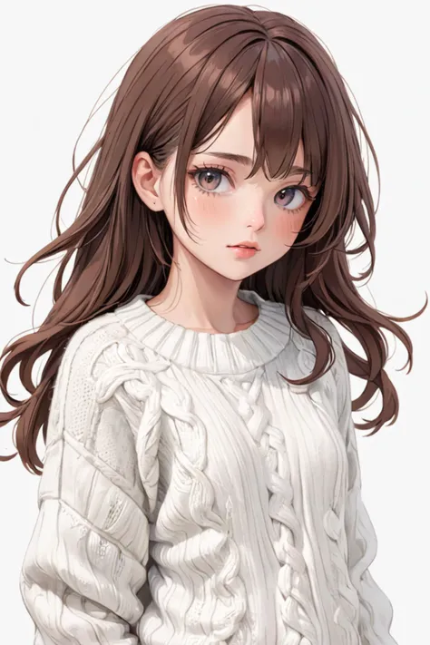 a girl with long brown hair wearing a white sweater