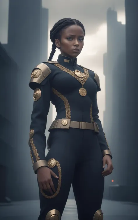 a woman in a black and gold outfit stands in a dark city