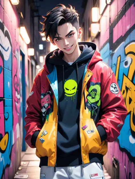 fashion editorial style,masterpiece,high quality,Extreme details,Clear facial features,Backlight,1man,Dim scene,Complex and messy street fluorescent graffiti on the wall,Face the viewer,Hip-Hop Style,Splashed paint_dynamic angle,Demonic smile,Cool and fash...