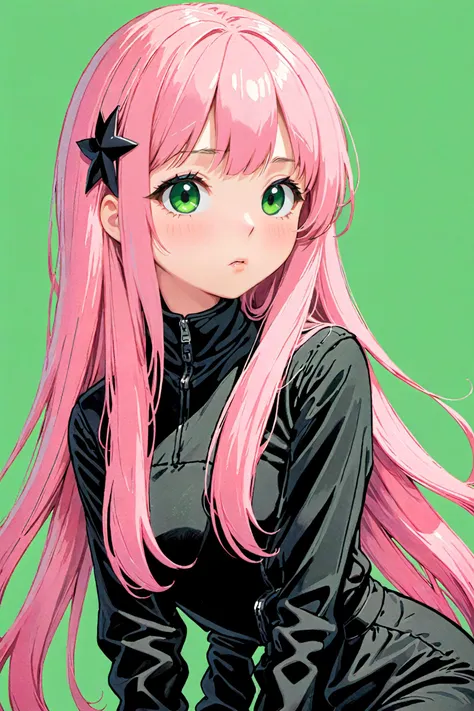 a close up of a person with pink hair and green eyes